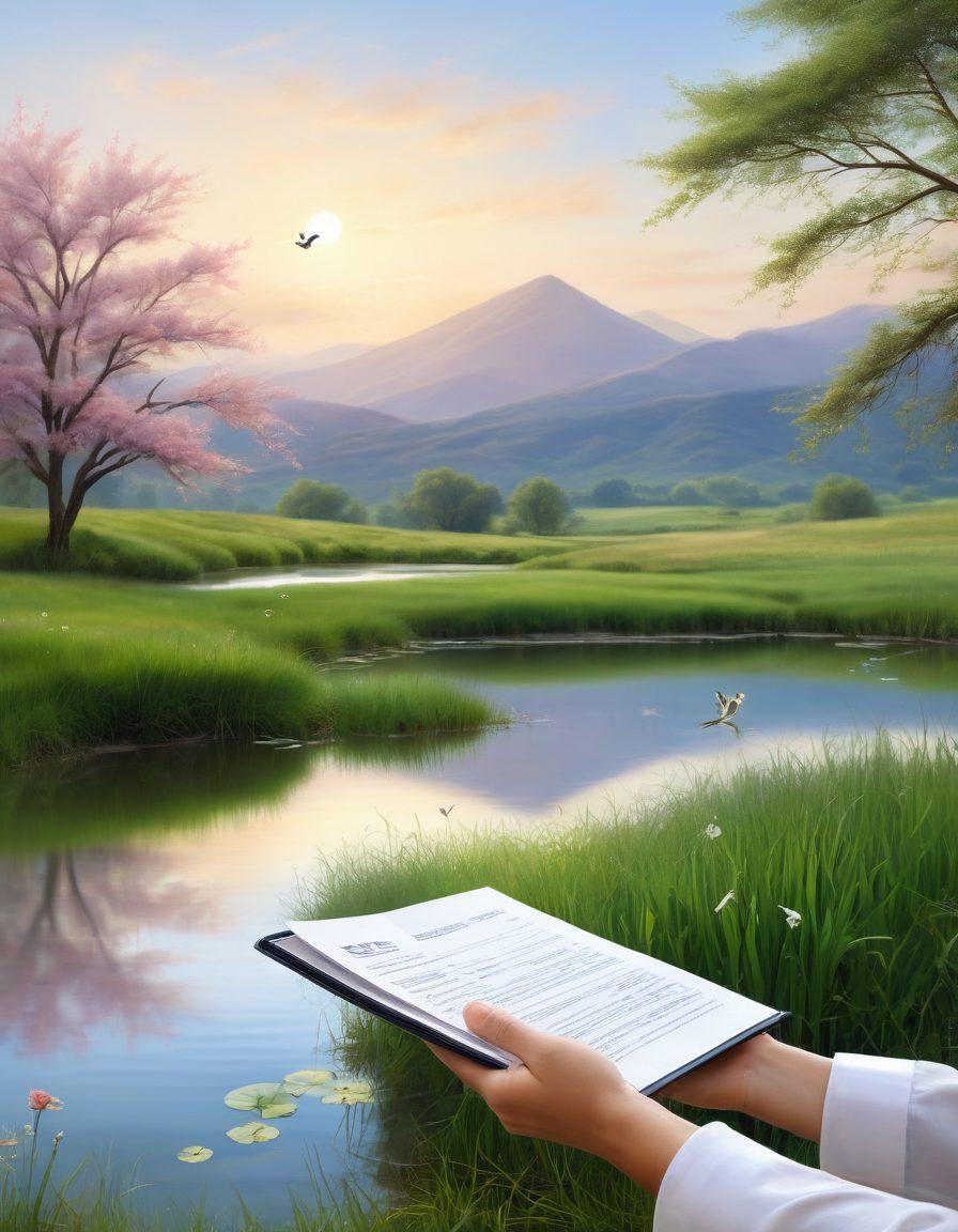 A serene, zen-like scene featuring a tranquil landscape with soft rolling hills, a calm pond reflecting the sky, and a gentle breeze bending the grass. In the foreground, symbols of support like open hands cradling insurance documents and a tranquil adult business symbol subtly integrated, representing care and security. The overall atmosphere should convey relaxation and assurance. pastel colors. soft focus.