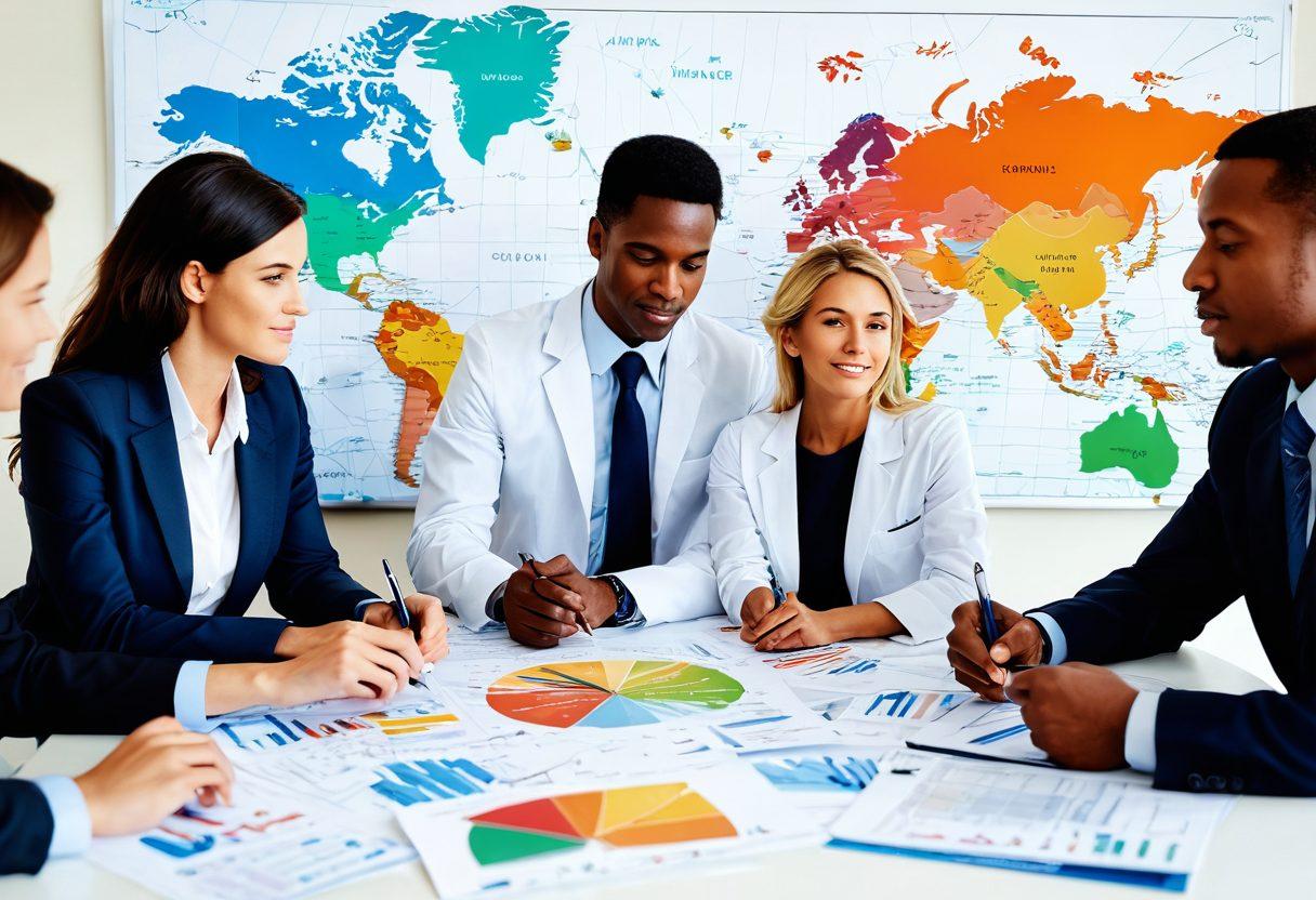 A visually engaging scene showcasing a diverse group of adults in various professions thoughtfully discussing insurance options. Include detailed charts and documents spread on a table, representing specialized coverage. In the background, a world map with insurance markers highlighting different coverage options globally. Use warm, inviting colors with a professional tone. super-realistic. vibrant colors. white background.