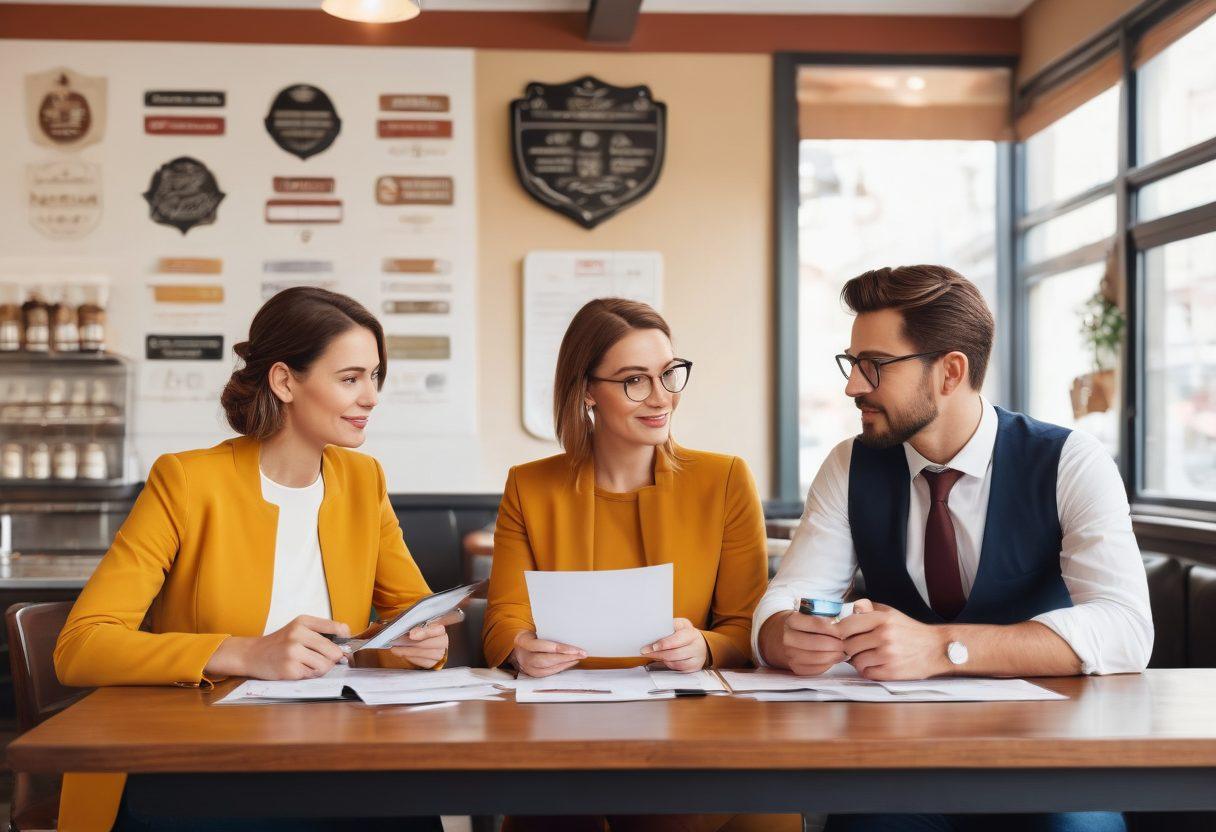 A confident adult couple reviewing insurance options at a stylish coffee shop, surrounded by risk icons like shields, locks, and graphs subtly integrated into the background. The atmosphere should convey a sense of security and professionalism, with warm, inviting colors. Their expressions reflect empowerment and clarity, symbolizing informed decision-making. elegant flat design. vibrant colors. white background.